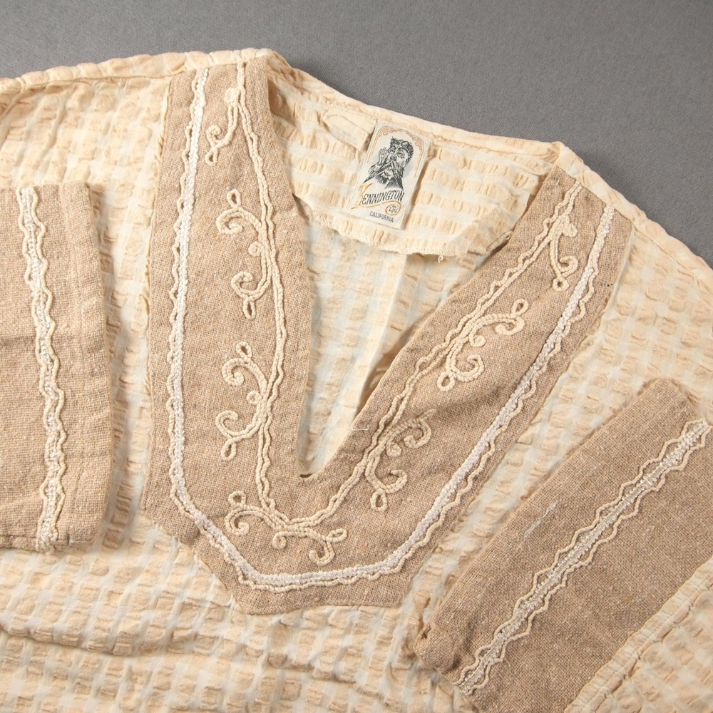 Kennington Vintage Seersucker Embroidered Peasant Retro V-Neck Women Tunic Top L